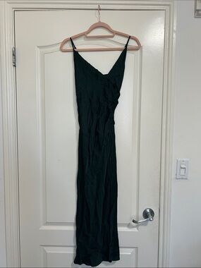 Elegant Dark Green Slip Maxi Dress - V-Neck Spaghetti Straps